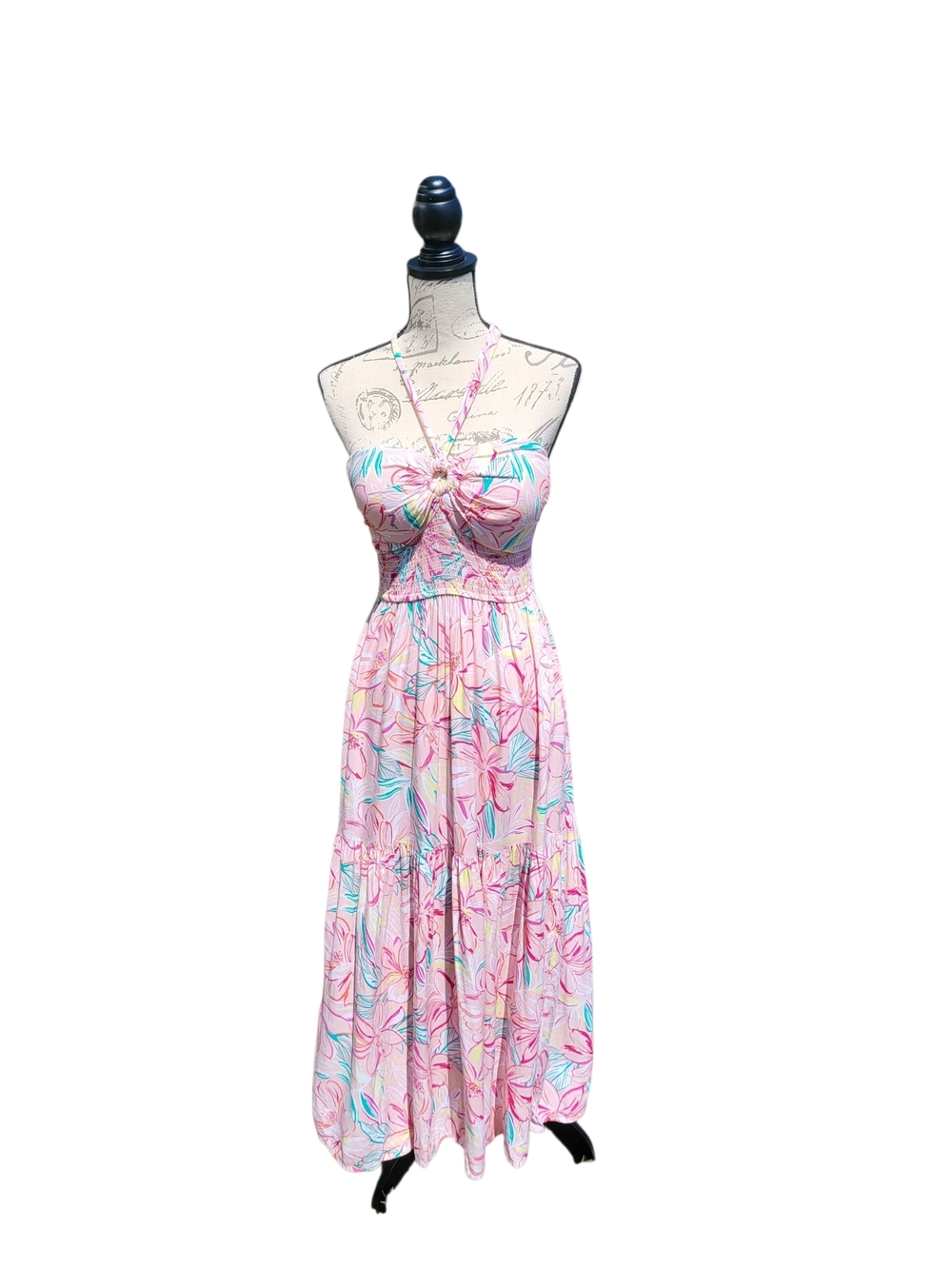 Jessica Simpson Pink Floral Halter Maxi Dress Smocked Bodice Medium - Picture 2 of 6